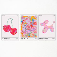 three different posters with cherries on them