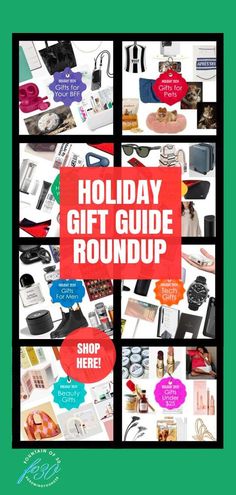 the holiday gift guide roundup is shown in red and green, with images of gifts on