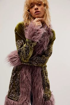 Moon Glow Coat | Free People Burn Out Velvet, Fuzzy Trim Jacket, Fur Cuff Coat, Velvet Button Up, Rockstar Clothes Women, Spain Style Winter, Free People Coat, Gothic Bohemian Fashion, Vintage Gucci Aesthetic