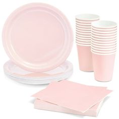 pink paper plates, napkins and cups on a white background