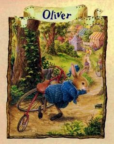 an illustration of a rabbit riding a bike in the woods with other animals on it