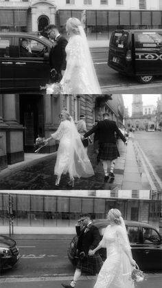 the bride and groom are crossing the street