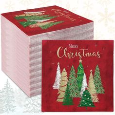 a red christmas card box with trees on it