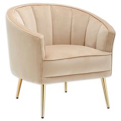 a beige chair with gold legs on a white background