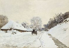 a painting of a snowy road with houses on the side and trees in the background