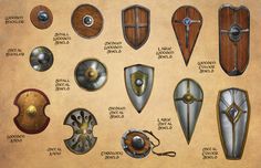 an image of some medieval shields and helmets