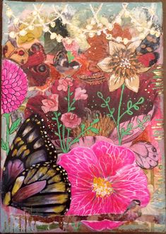 a painting with flowers and butterflies on it