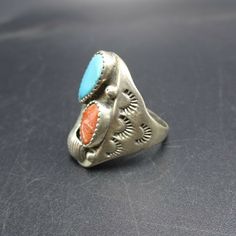 "DESCRIPTION: This powerful ring will be a treasured addition to your collection of fine vintage Native American jewelry. MEASUREMENTS: Ring face measures 1 1/8\" x 1/2\" RING SIZE: 10 1/2 WEIGHT: 10.0 grams SIGNED: no STERLING: unmarked, verified sterling silver" Untreated Southwestern Style Ring Jewelry, Southwestern Collectible Ring Jewelry, Southwestern Style Collectible Jewelry Ring, Southwestern Style Collectible Ring, Western Style Turquoise Ring Collectible, Southwestern Oval Multi-stone Rings, Southwestern Style Oval Multi-stone Rings, Vintage Multi-stone Collectible Jewelry, Untreated Southwestern Jewelry Collectible