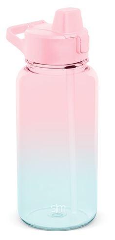 a pink and blue ombreed water bottle with a plastic lid on a white background