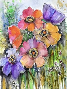 watercolor painting of colorful flowers and grass