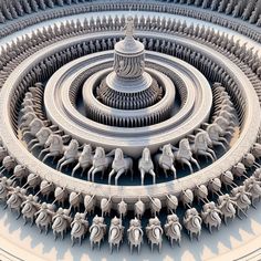 an abstract image of horses and riders in the center of a circular structure with columns