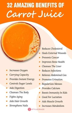 an orange juice poster with the words 32 amazing benefits of carrot juice