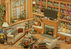 a living room filled with furniture and bookshelves next to a fire place in front of a window