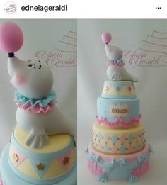 two pictures of a cake with an elephant on top and a balloon in the middle