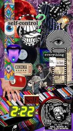 a collage of various items including an eyeball, film strip, and other things