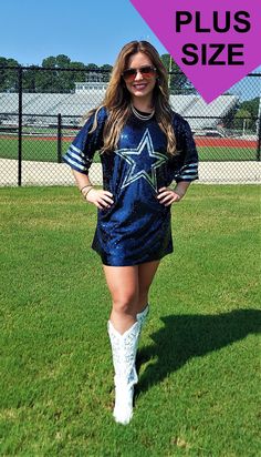 Your Game Day Sparkle will be seen by everyone in this Show Stopping Dallas Cowboys Star Sequin Mini Dress/Top Plus dress! Wear over jeans or leggings for a Tunic look, Tucked In with Jeans, Shorts or Skirt or wear it with boots or heels as a Dress! Dress is fully sequined on front. NOTE: This is a One Size Fits Most. As such it will fit and look different on everyone. One Size Regular  Will fit from a Small to Large There is Stretch.  Also depends on Body Type, Body Length and Leg Length One Size Plus If you wear XL or 2X you'll need the One Size Plus Which is between a 16 and 20 Bust between a 40" to 43" Waist 32" to 36" Hips 44" to 47" There is Stretch. So if you need a 3X it will possibly work. You may need to wear it as a Tunic Top tucked on or over leggings. Also depends on Body Type Dallas Cowboy Game Outfit, Football Game Day Outfit Black Women, Dallas Cowboy Outfits Woman, Cowboys Game Outfits For Women, Cute Football Outfits For Women, Dallas Cowboys Outfits Woman, Dallas Cowboys Game Day Outfit, Cowboys Outfits, Jersey Dress Outfit