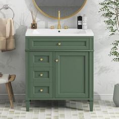 a bathroom with a sink, mirror and potted plant on the floor next to it