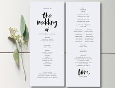 two wedding program cards with flowers and greenery