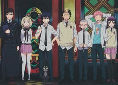 an anime group standing in front of a building with their hands on their hipss