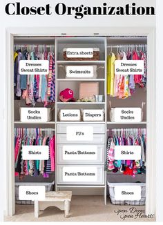 an organized closet with clothes, shoes and other items labeled in the words closet organization