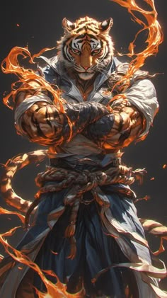 a tiger dressed in armor with flames around its neck and hands on his chest,