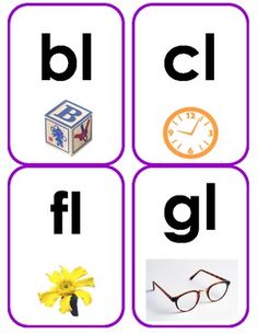 a set of four matching cards with words and pictures to describe the letters in each card