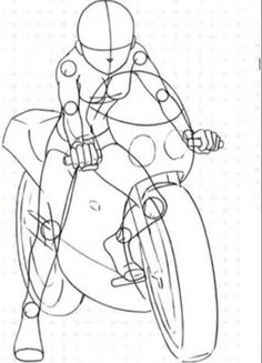 a drawing of a person riding on a motorbike with the front wheel facing forward