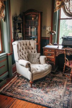 an old fashioned chair sits in front of a desk