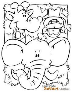 an elephant and two giraffes are in the jungle coloring page for kids