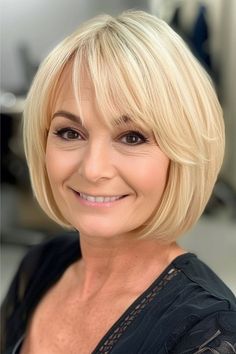 Chin Length Bob with Bangs Hairstyle for Women Over 50 with Round Faces. Bob With Bangs Fine Hair Over 40, Bobs With Wispy Bangs, Clean Bob Haircut, Cute Bob With Bangs, Chin Length Bob Thick Hair, Chin Length Hair Round Face, Chin Length Haircuts For Fine Hair, Chin Length Bob With Layers