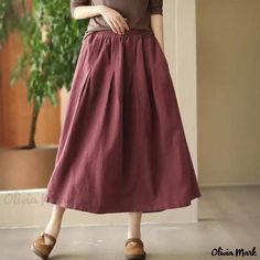 Olivia Mark - Vintage Coffee-Colored Linen Pleated A-Line Skirt with Folded Waist Detail Spring Casual A-line Bottoms, Casual A-line Bottoms For Fall, Cotton A-line Bottoms For Fall, Casual Cotton Full Skirt, Casual Full Skirt Cotton Bottoms, Casual A-line Bottoms In Solid Color, Casual A-line Solid Color Bottoms, Casual Red Long Skirt, Casual Full Skirt In Solid Color