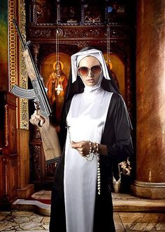 Nun holding a machine gun The Nun, Saints And Sinners, She Wolf, Portfolio Images, Media Campaign, Surreal Art, White Photography, Animal Photography, Dark Art