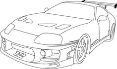 the front end of a car with its hood up and wheels down, outlined in black ink