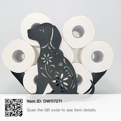 a black dog is surrounded by rolls of toilet paper and qr code on it