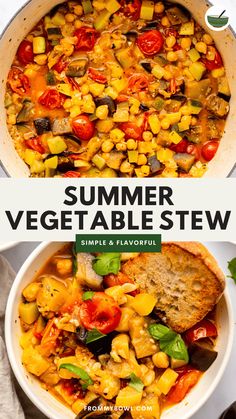 a bowl filled with vegetable stew next to another bowl full of vegetables and some bread