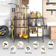 an image of a garage storage rack with tools and cleaning supplies on it's sides