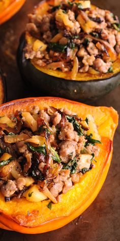 the stuffed squash is filled with meat and vegetables