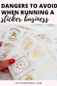 Dangers to Avoid When Running a Sticker Business - stickerguru.com. A woman is holding gold foiled magic and celestial stickers Sticker Business Packaging, Small Sticker Business, Logo Ideas Aesthetic, Sticker For Business, Business Logo Ideas, Business Woman Aesthetic, Sticker Business, Homemade Stickers, Small Business Inspiration