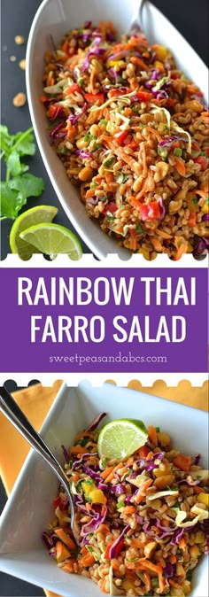 rainbow thai farro salad in a white bowl with lime wedges on the side