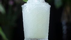 a tall glass filled with white liquid and a green leaf