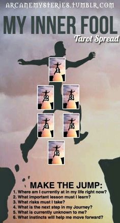 a poster with images of people jumping in the air and saying, my inner fool tarot spread