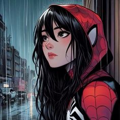 a woman in spider - man costume is standing on the street with her hood up