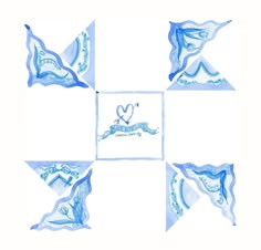 four blue and white square designs with the words love on each one, in different shapes