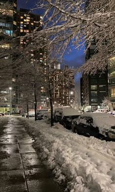 the city street is covered in snow and has cars parked along side it at night