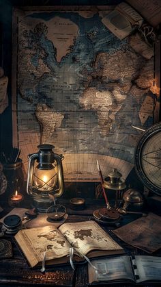 an old world map with a lantern, compass and other items sitting on a desk