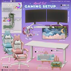 an image of a computer desk and chair with gaming setup on the wall behind it