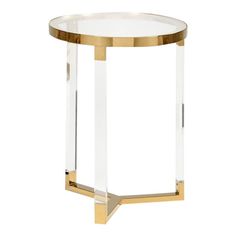 a round glass table with gold trimmings and a metal stand on the side