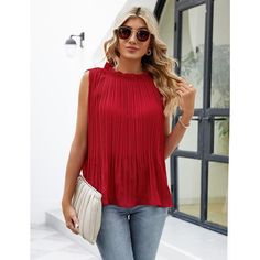 Elevate your style with the KOJOOIN Sleeveless Tops for Women, a chic addition that blends sophistication with comfort. This pleated tunic top features a delicate chiffon blouse with a frilly mock neck, offering a flowy and dressy appeal while maintaining a casual vibe. Perfect for any occasion, it's a versatile piece that can be dressed up or down.

- Material: 100% Polyester
- Color: Red
- Size: One size fits all (suitable for sizes 6-20)
- Gender: Female
- Features: Pleated tunic design, chif Summer Red Chiffon Blouse, Sleeveless Pleated Tops For Spring, Chic Red Chiffon Top, Spring Sleeveless Chiffon Blouse, Elegant Red Chiffon Tops, Flowy Sleeveless Chiffon Top, Red Sleeveless Feminine Blouse, Elegant Sleeveless Pleated Top, Elegant Sleeveless Chiffon Top