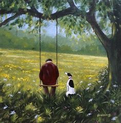 a painting of a man sitting on a swing with his dog looking at him in the distance