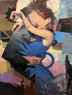 a painting of a man and woman hugging each other